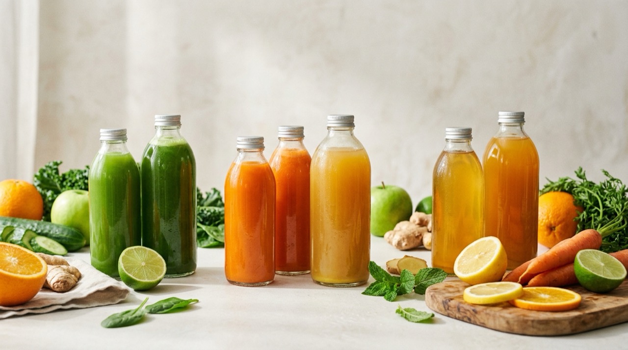 An emerging cold-pressed juice maker's bottled lineup on a clean studio surface